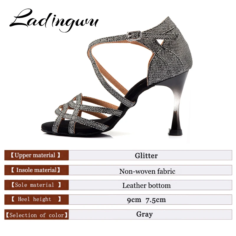 Ladingwu Brands Dance Shoes Women Gray Glitter Salsa Dance Shoes Gradient Gold Plated Heel 7.5cm 9cm Latin Dancing Shoes Sandals