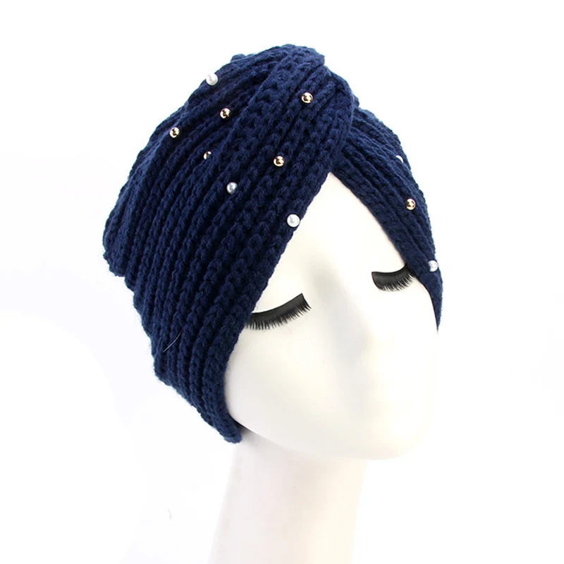 NAVY BLUE Роскошный женский зимний теплый вышитый бисером вязаный тюрбан крест твист арабские волосы обертывание бини для дам Индийский стиль шапка аксессуары для волос - Цвет: NAVY BLUE