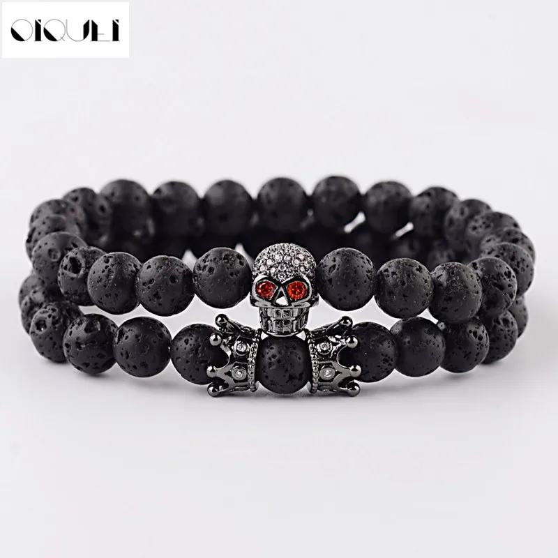 

2PCS/Set Men Bracelet Volcanic Black Natural Lava Stone Pave CZ Skeleton Skull & Double Crown Charm Bracelets Pulseras Hombre