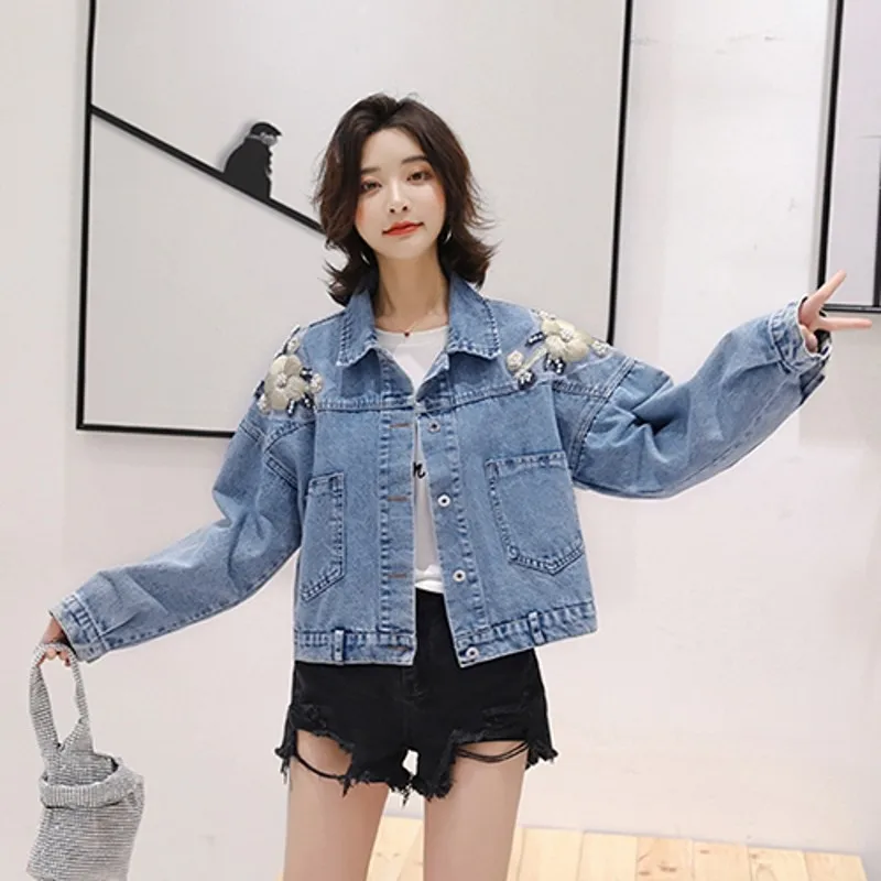 

Spring Autumn New Women Short Denim jacket Loose FIt Bf Style Beading Casual Jean Jacket Coats Female Flower Outerwear Lady