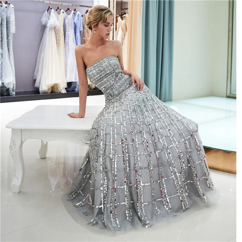 Sequin prom dresses 2019 strapless floor length sleeveless sweep train silver sequin prom dress women elegant formal party dress