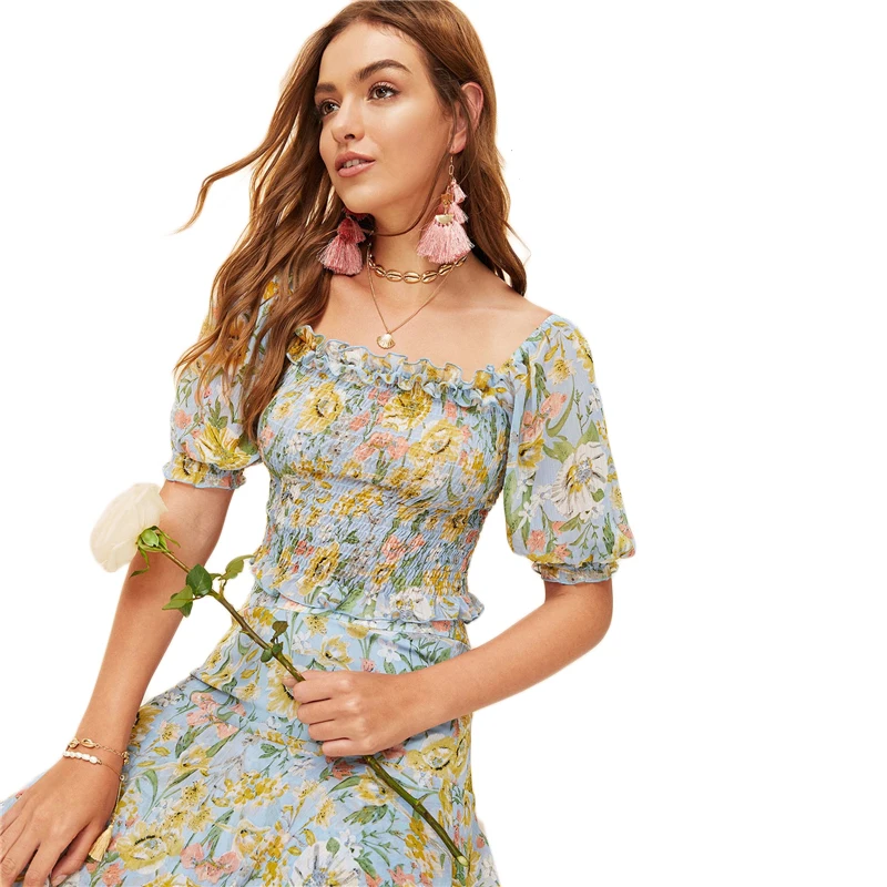 SHEIN Многослойная Асимметричная Юбка С Ботаническим Принтом Женская Летняя Многоцветная Богемная Юбка