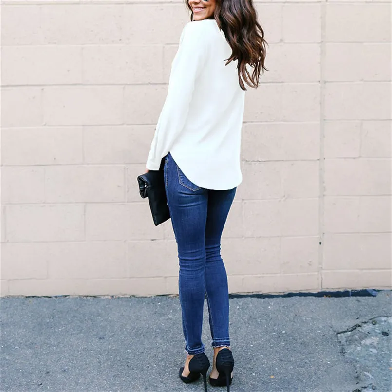 Плюс размеры с длинными рукавами шифоновая блузка и рубашка V средства ухода за