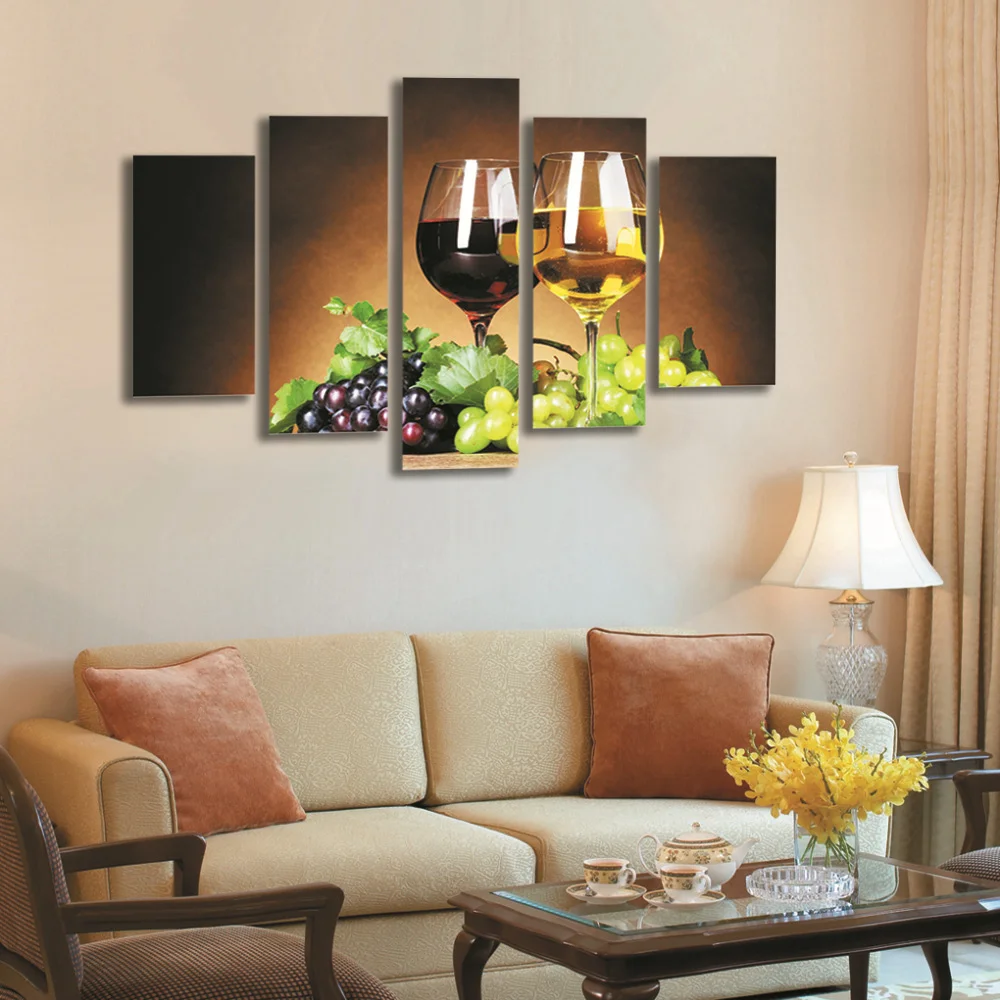 

5 PCS Wall Art Fruit Grape Wine Glass Painting Modern Canvas Prints Painting for Kitchen Living Room Wall Art Picturte No Frame