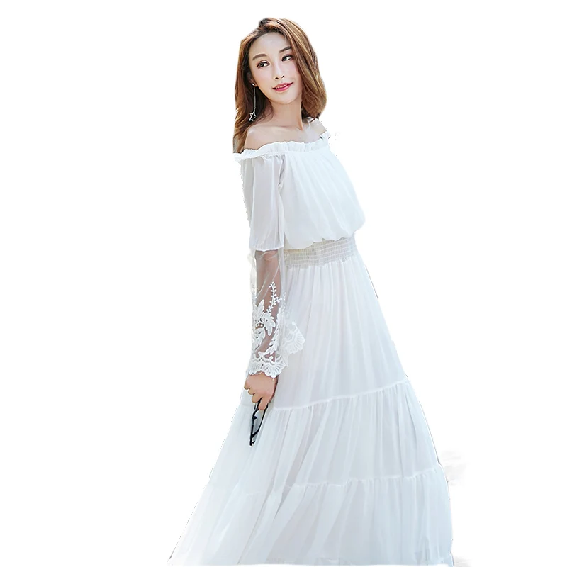 Женское длинное платье белое шифоновое Пляжное с открытыми плечами кружевное в