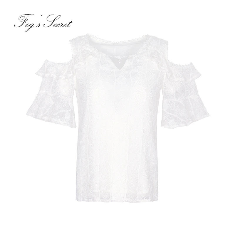 White Lace Clothes For women Trumpet Sleeves Sexy Sweet Shirt wild shirt Of 2018 Summer Autumn |