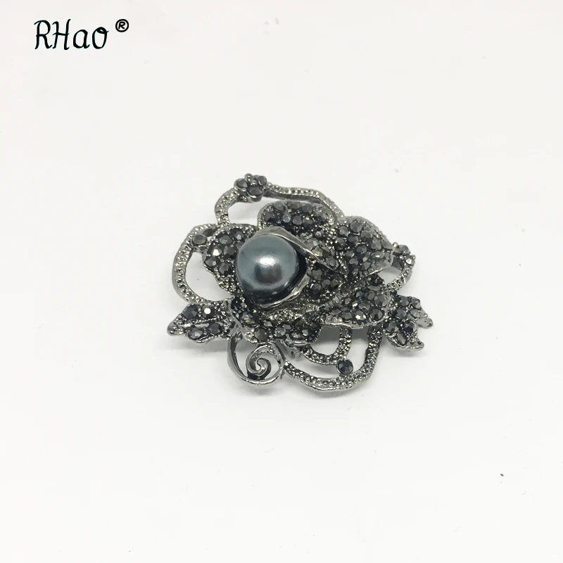 RHao черный горный хрусталь цветок броши элегантный кристалл завод Для женщин