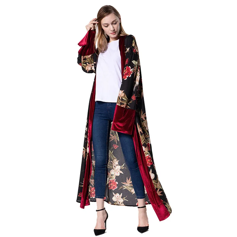 Мусульманское платье Abaya Дубай Женский бархатный красный цветочный кардиган с