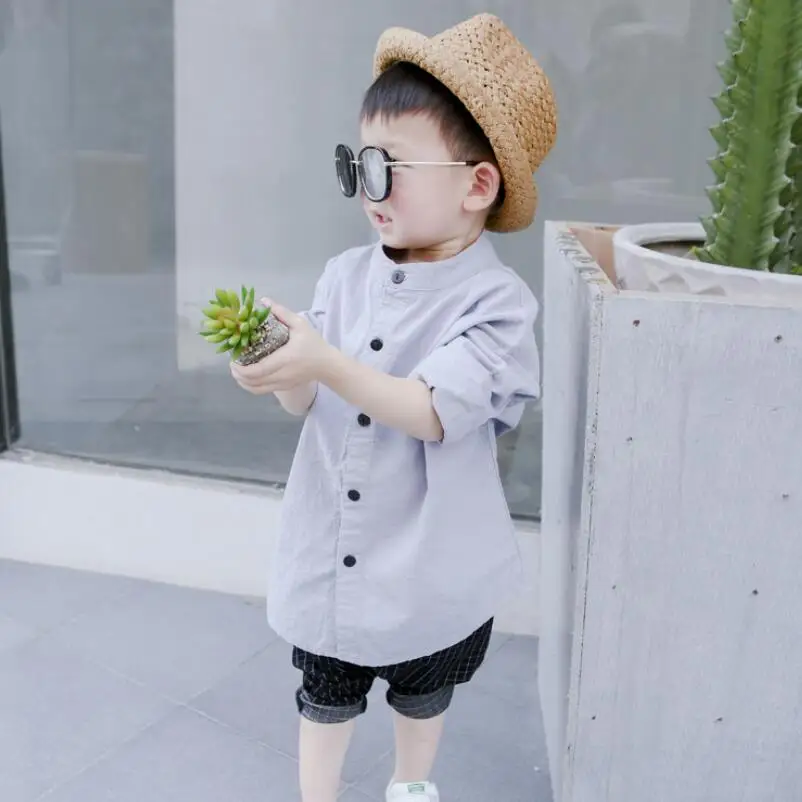 grey boys tops Новая модная повседневная одежда из хлопка и льна для маленьких мальчиков детские рубашки белая однотонная рубашка с длинными рукавами для мальчиков - Цвет: grey boys tops