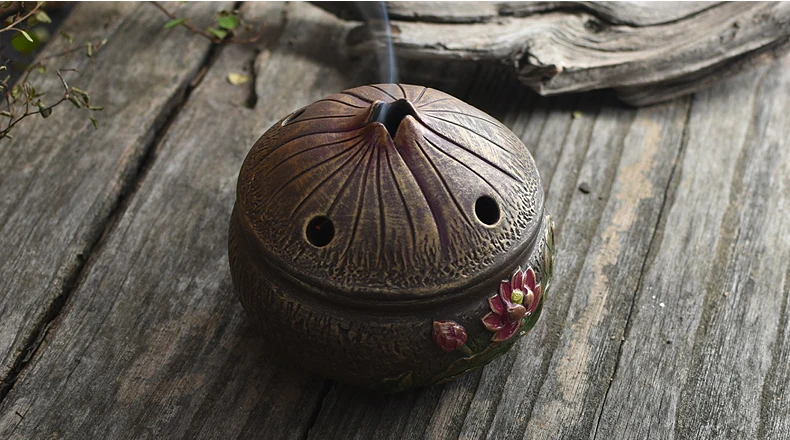 

PINNY Chinese Culture Antique Ceramic Plate Incense Burner Lotus Incense Holder Vintage Multi Purpose Coil Censer Home Decor
