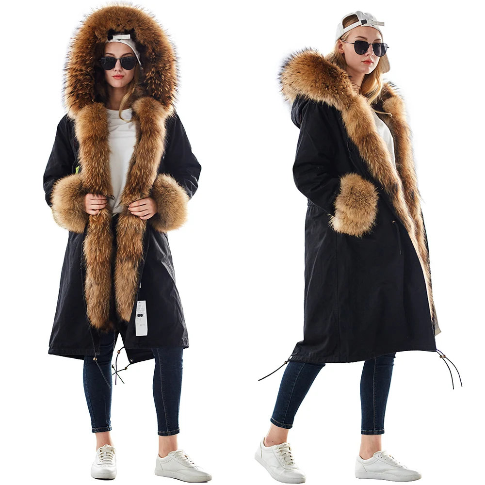 Maomaokong Winter Woman Natural Fur Overcoat Plus Size Black Parkas Raccoon Real Fur Lining Extra Larg Warm Jacket Coats Long