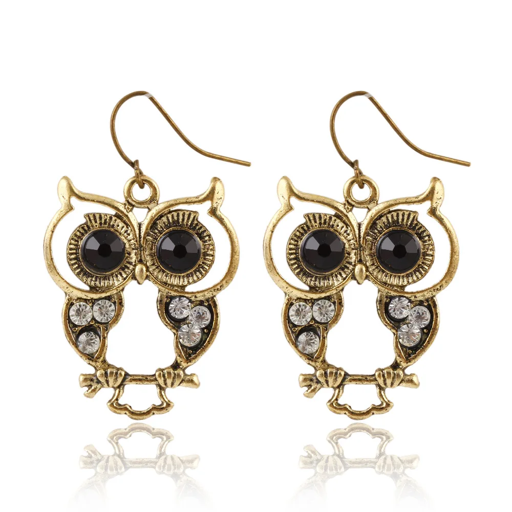 Богемные винтажные Кристальные серьги для девочек aros boucle d'oreille, черные маленькие серьги-гвоздики в виде совы для женщин