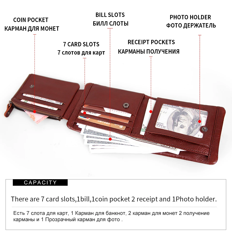 Cobbler Legend Genuine Leather Men Wallets Vintage Trifold Wallet Zip Coin Pocket Purse Cowhide Leather Wallet For Mens