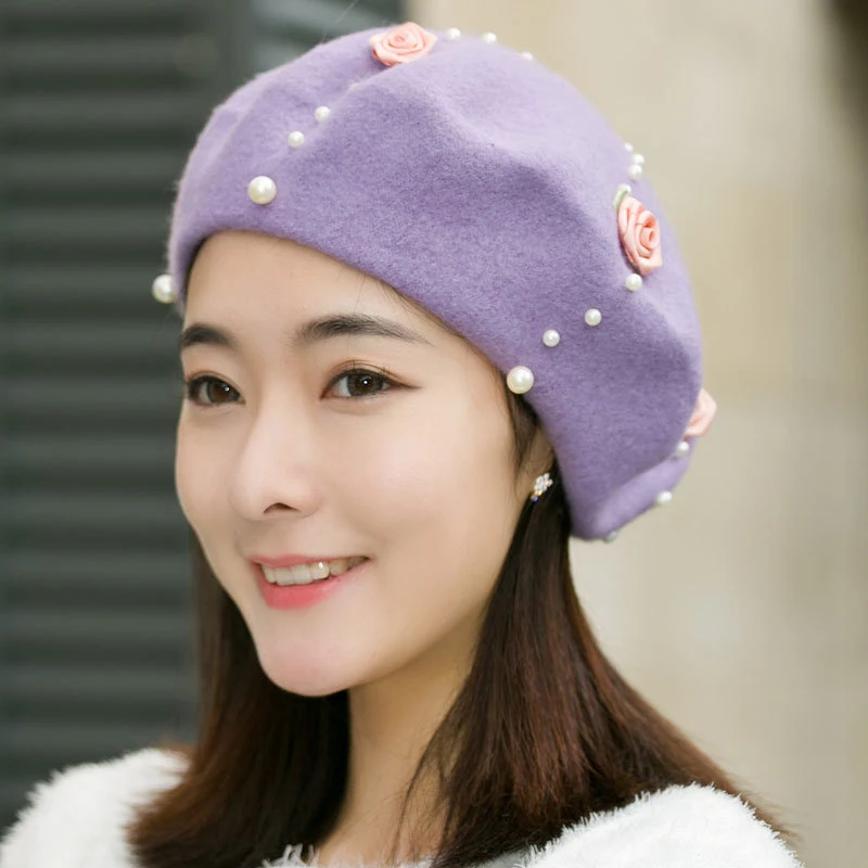 Новинка 2017 маленький берет художника Launch из шерсти с украшением в виде роз и