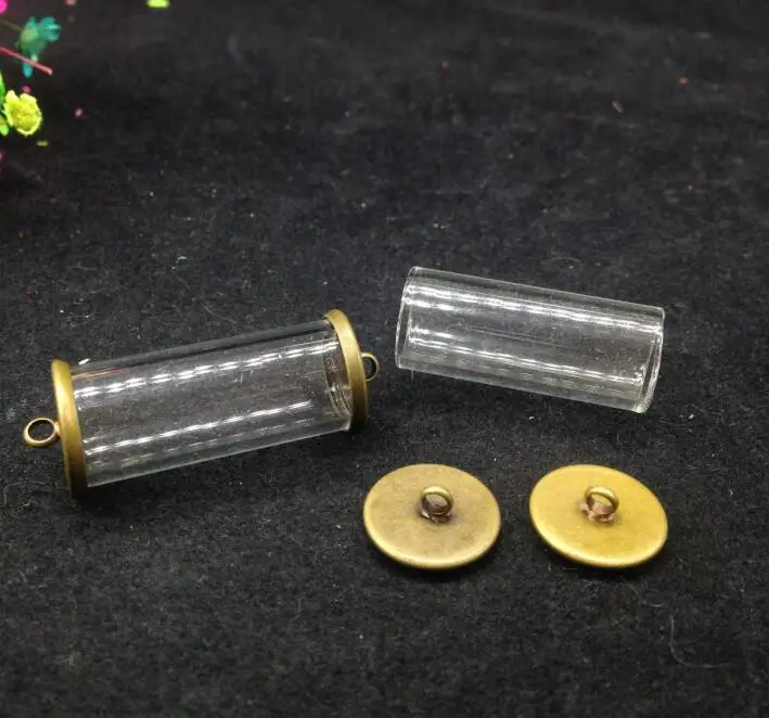 

100sets/lot 28*12mm tube glass globe antique bronze button cap set no filler glass bottle dome vail necklace diy pendant jewelry