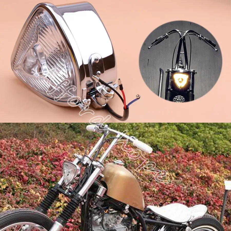 

8mm Vintage Retro 5.5" Triangle Chrome Motorcycles H4 Hi/Lo Beam Headlight Clear Lens Headlamp for Harley Bobber Custom Chopper