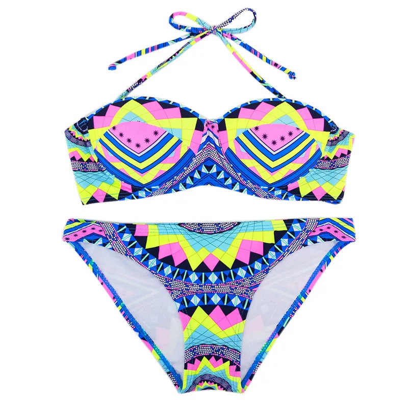 Женский купальник бикини с разноцветным геометрическим узором топ на бретельках