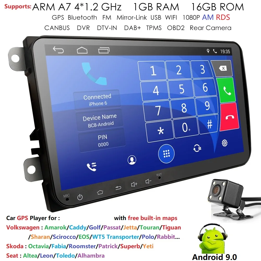 2 din 9 ''Android 9,0 четырехъядерный автомобильный Радио Стерео gps для V W Passat B6 CC Polo GOLF 5 6 Touran J etta Tiguan Magotan Seat DAB 4G