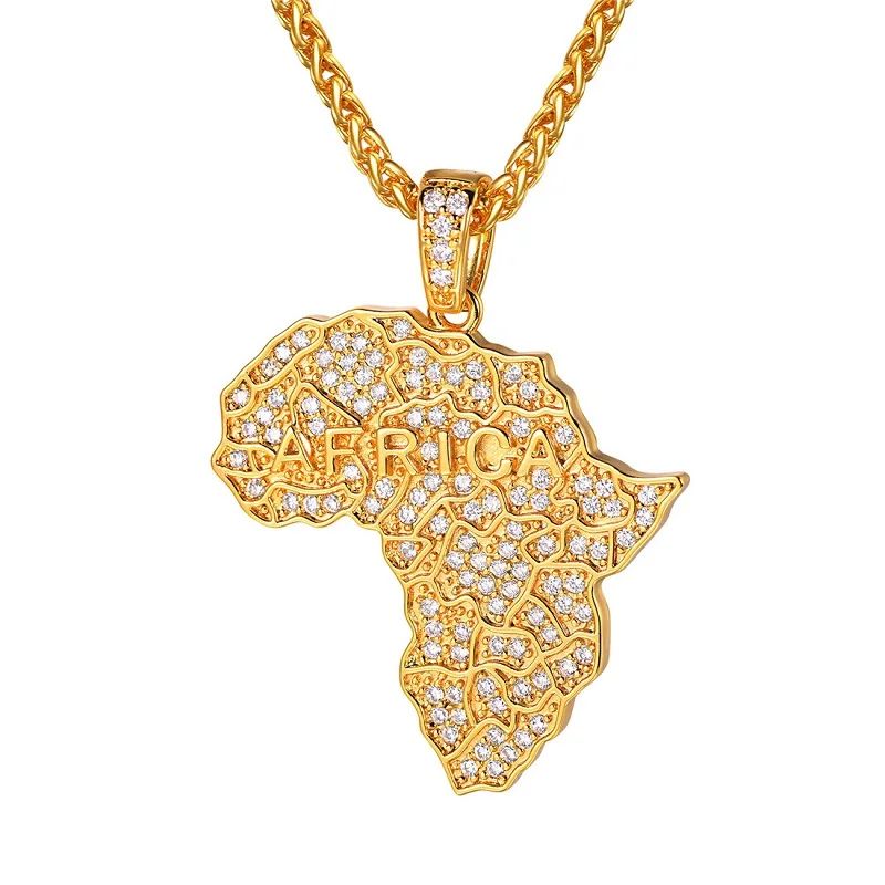 Gold color U7 Африка подвески в форме континентов и Цепочки и ожерелья s для Для женщин/Для мужчин льдом CZ Цепочки и ожерелья цепи в стиле «хип-хоп» карту в африканском стиле украшения Эфиопия P1210 - Окраска металла: Gold color