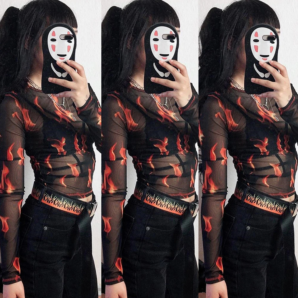 Футболка женская сетчатая с круглым вырезом и принтом пламени брендовый