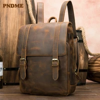 pndme vintage crazy horse leather mens backpack large capacity genuine leather 14 inch laptop travel bookbag for women