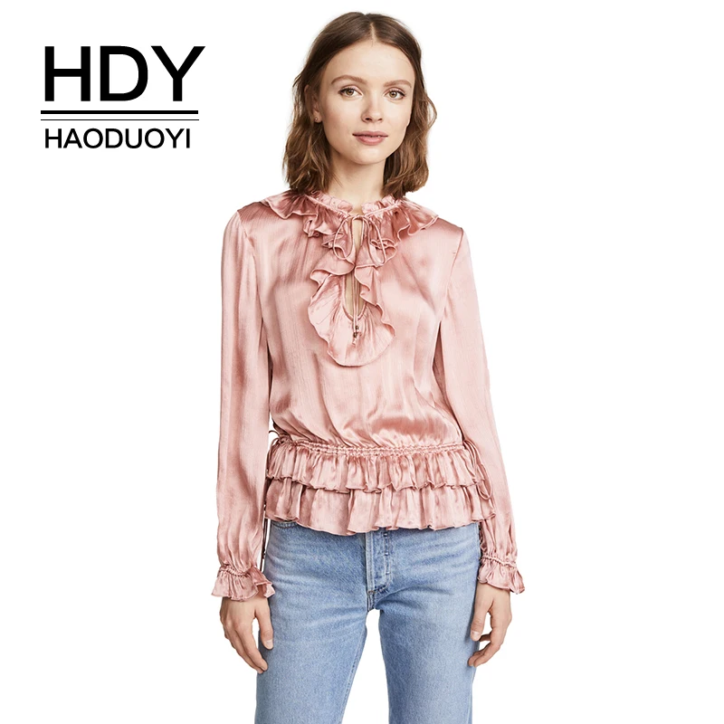 Женская блузка HDY Haoduoyi розовая с рукавами бабочками и эластичной талией на