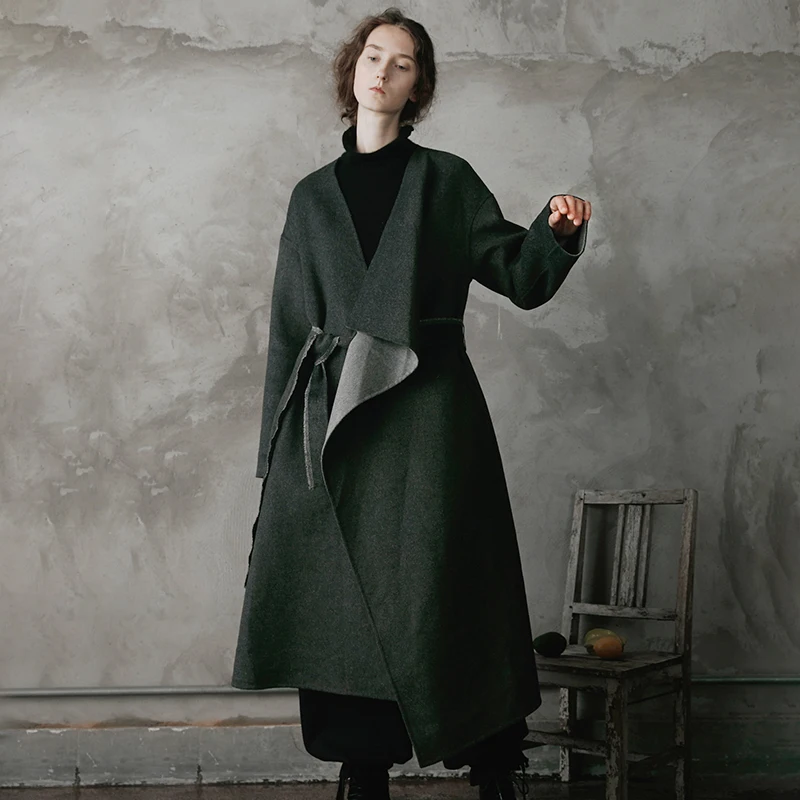 2018 AW Collection original design simple asymmetrical long belted gray double faced wool coat women | Женская одежда