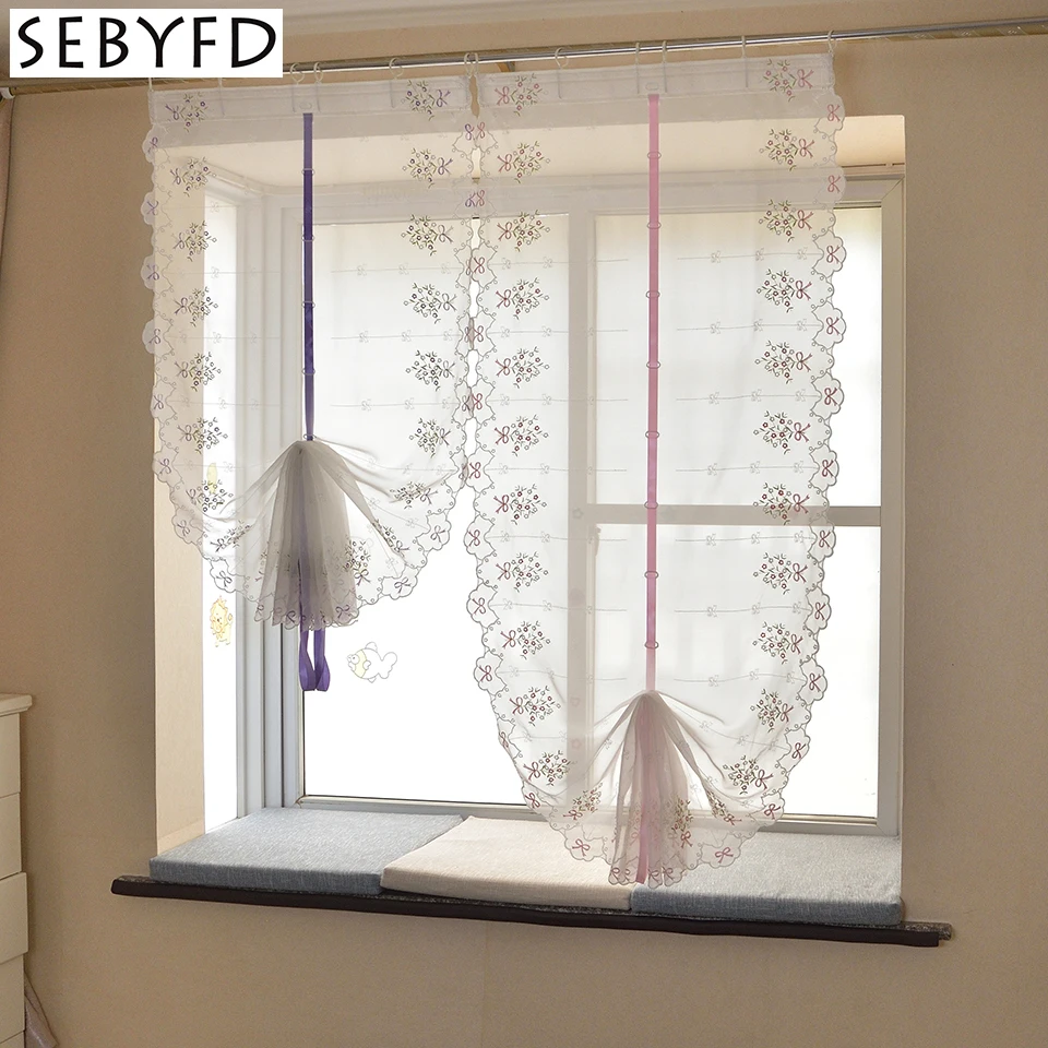 SEBYFD тюлевые шторы в садовом стиле с вышитыми бантами для спальни гостиной