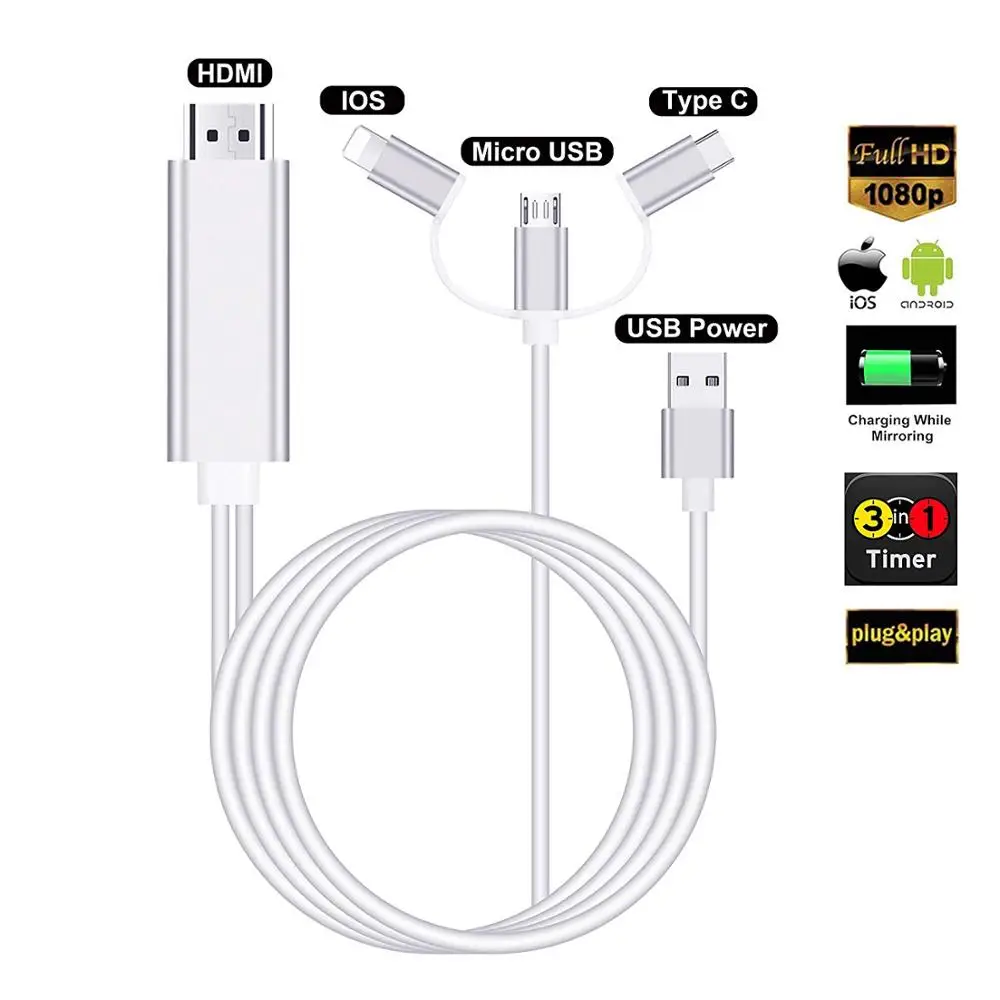 USB Кабель адаптер Fanshu 3 в 1 с разъемами Micro и HDMI HD 1080P|Адаптеры Type-C| |