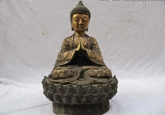 

Tibet Folk temple classical Old Bronze Sit lotus flower Sakyamuni Buddha Statue