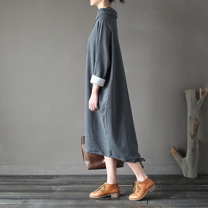 SCUWLINEN, осенне-зимнее платье, хлопок, женское платье, Vestidos, свободное, флисовое, утолщенное, водолазка, длинный рукав, длинный халат S60