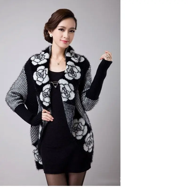 New Women Spring Autumn Sweater Knit Cardigan Jackets Fashion Print Cloak Shawls Thick Warm Large Lapel Coats WLX571 |