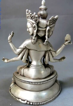 Китай серебряный буддизм фэн шуй Лаки 3 головы 8 рука Будды скульптура статуя (C0318)