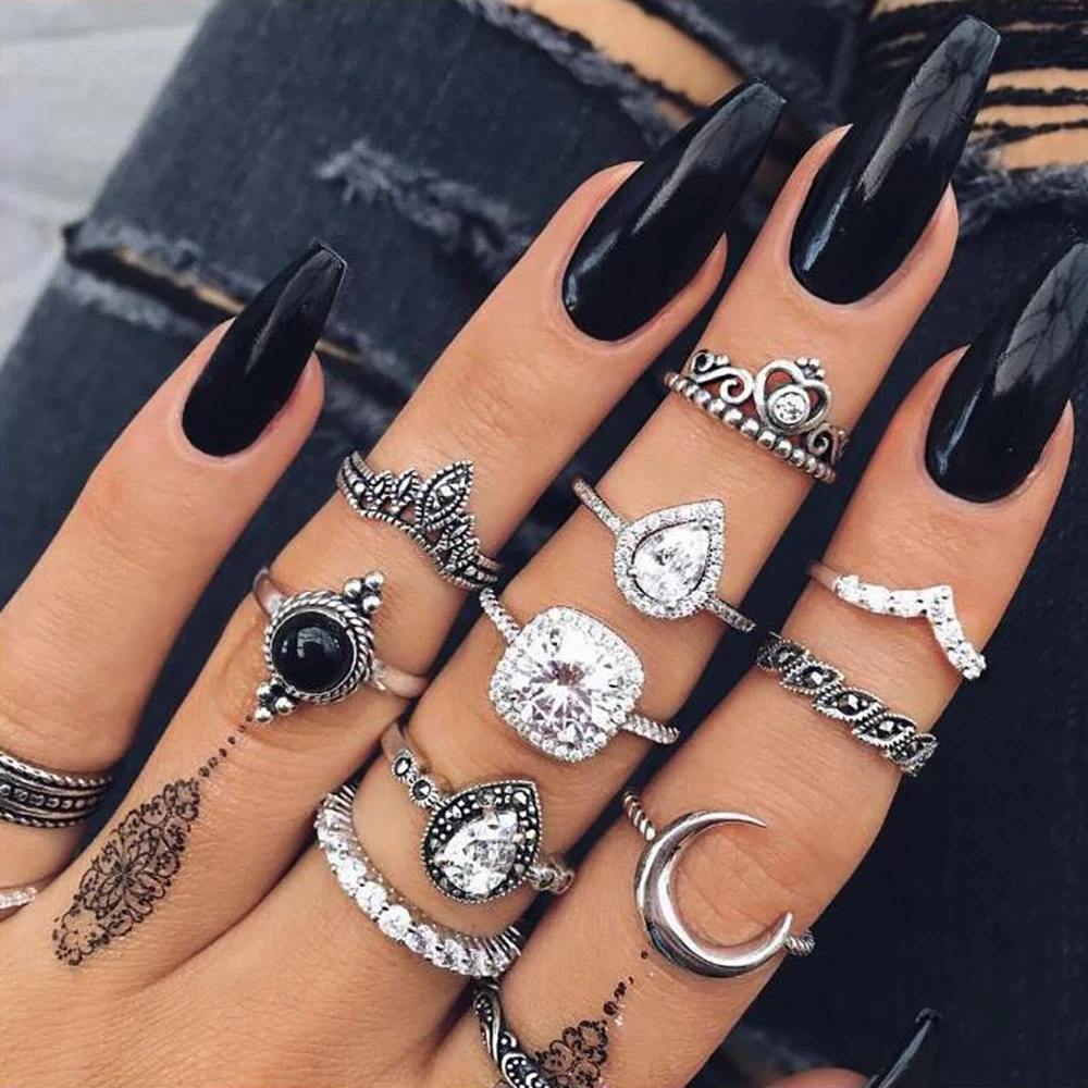 

DAXI 10PCS/Set Ring Set Vintage Silver Color Heart Crown Opal Stone Knuckle Finger Midi Rings Set for Women Boho Jewelry Gift