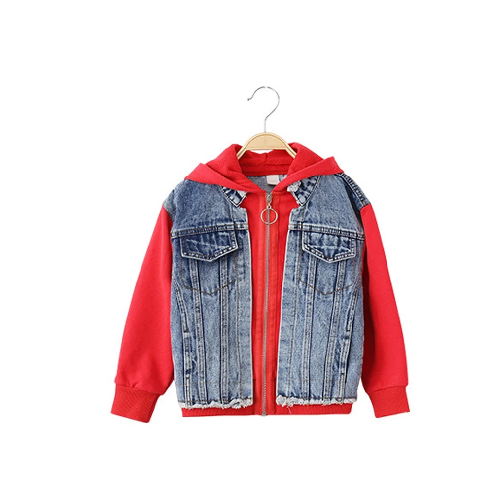 Детское джинсовое пальто с капюшоном кардиган в стиле пэчворк длинным рукавом на
