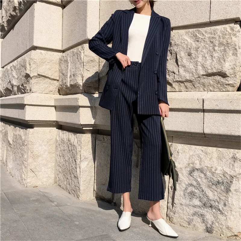 Новинка весна-осень женский темно-синий полосатый костюм куртка девять точек