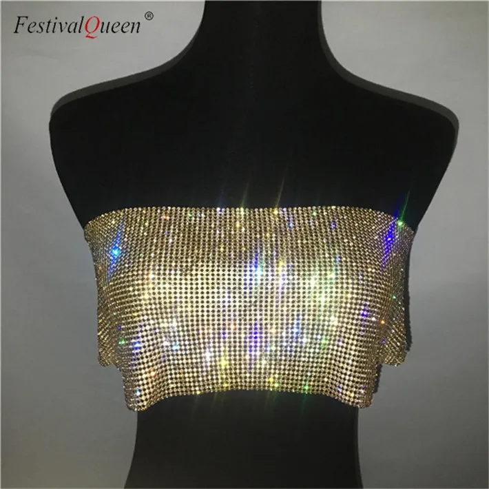 FestivalQueen сексуальные Стразы с блестками без бретелек топы Модные блестящие металлические алмазные трубки Топы Вечеринка клуб летняя пляжная одежда - Цвет: Gold  Top