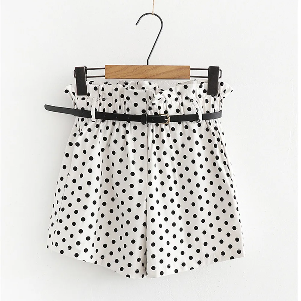 

Spring Summer Women With Belt Spot Printed Shorts Cotton Dot Loose Casual Sweet Girl Shorts Ruffle Waist Fresh Skirt Shorts New
