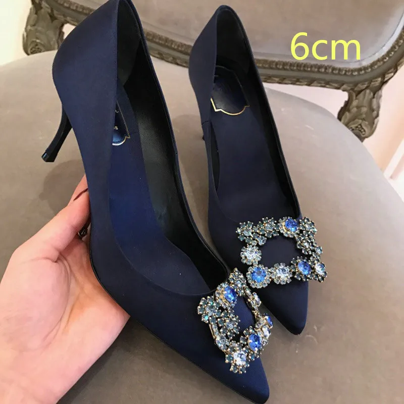 Blue- 6 cm Г.,, женские атласные туфли-лодочки с острым носком, украшенные цветами и кристаллами, с пряжкой, женские вечерние туфли на высоком каблуке для свадьбы - Цвет: Blue- 6 cm