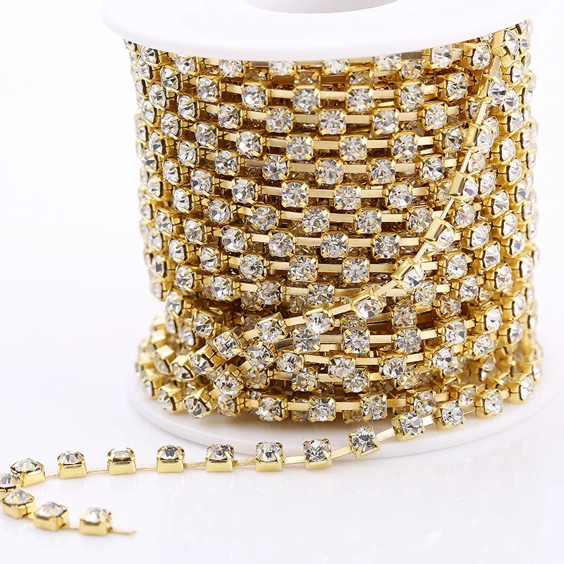 Gold Crystal RESEN SS6-SS18, серебряная/Золотая основа, РЕДКИЕ Прозрачные Кристальные стразы, цепочка для шитья одежды, стеклянные стразы, цепочка для чашки, кристалл AB - Цвет: Gold Crystal