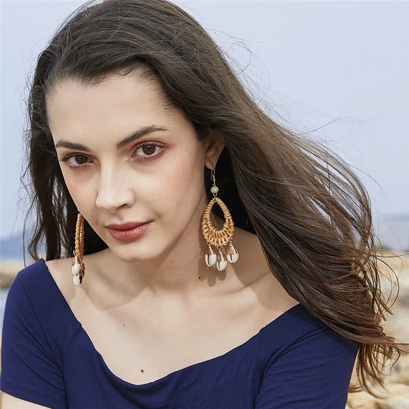 Висячие серьги из ротанга в виде ракушки ручная работа овальные модные