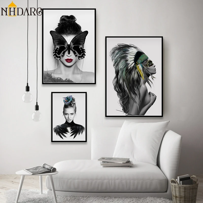 

Vogue Butterfly Feathers Posters and Prints Indian Girl Print Painting Canvas Wall Art Pictures for Living Room Home Decoration