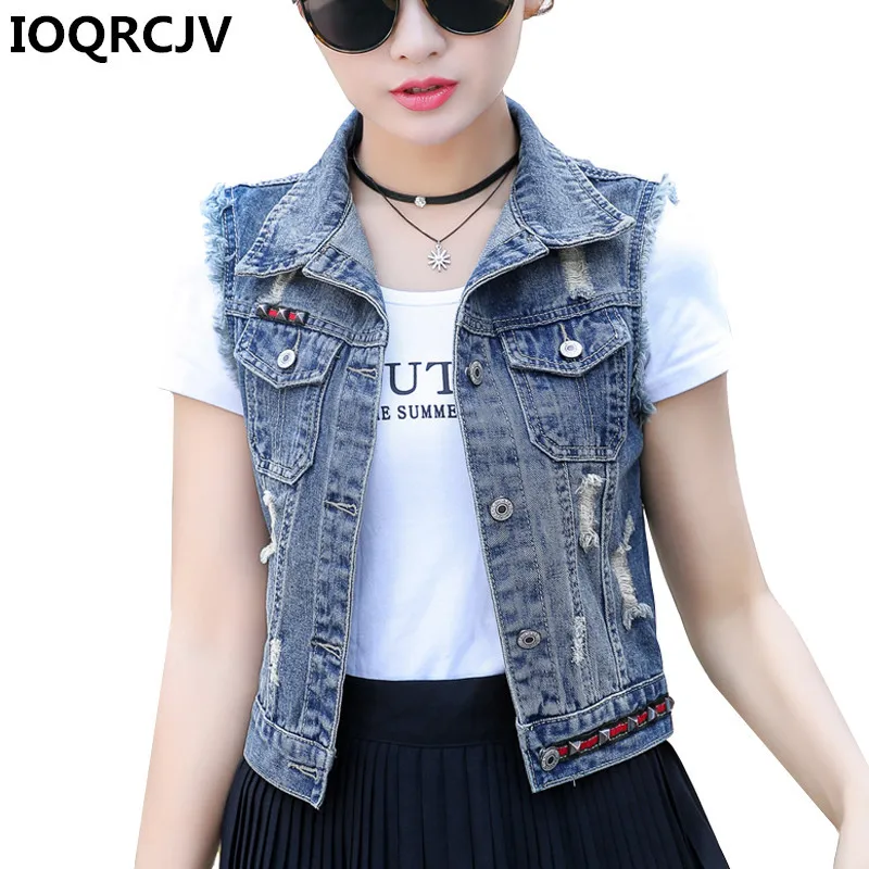 

2019 Spring Summer Short Denim Vest Women Casual Slim Sleeveless Hole Jeans Jackets Coats Female Waistcoat Top R611