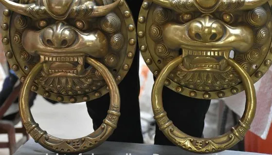 YM 316 15&quot Chinese Brass Fengshui Evil Guardion Foo Fu Dog Lion Head Door Knocker Pair | Дом и сад