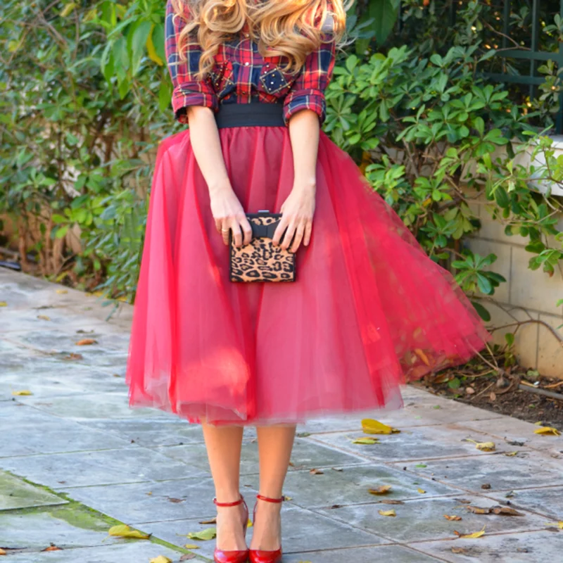 Тюлевая юбка на заказ Женская кружевная шифоновая бальная красная пачка длиной