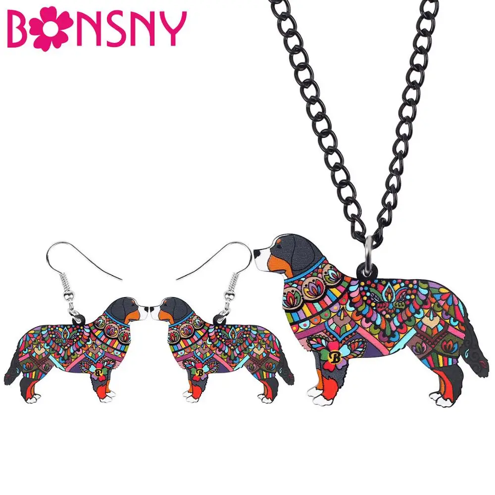 

Bonsny Acrylic Jewelry Set Bernese Mountain Dog Necklace Earrings Choker Collar Fashion Pendant For Women Girl Decoration NE+EA