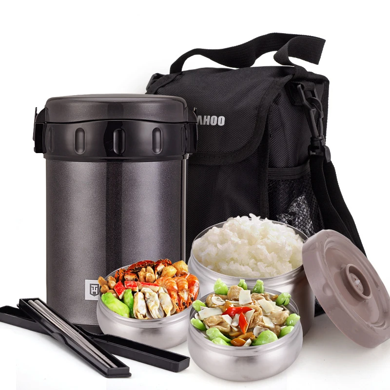 

Unibird 2.2L Double 304 Stainless Steel Vacuum Flasks Food Thermos 3-layers Lunch Box with Bag Chopsticks Heated Food Container