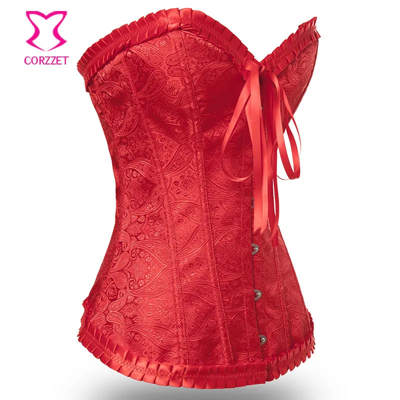 Красная/бежевая парча Пейсли Викторианский сексуальный корсет Готическая