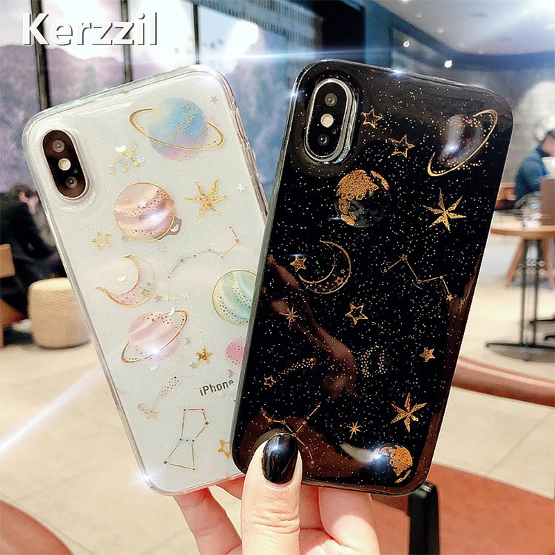 Kerzzil Space Planet блестящие чехлы для телефонов iphone 7 7Plus Вселенная Луна Звезда мягкий