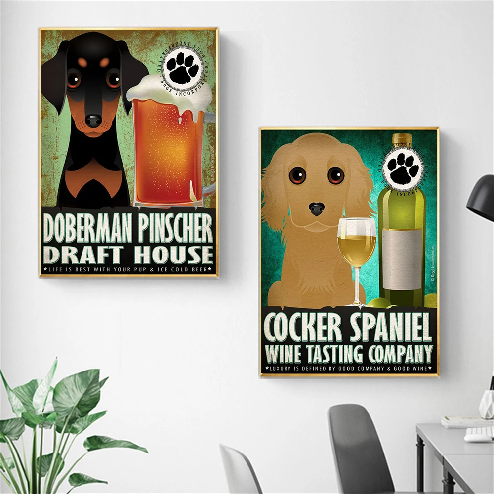 Настенное искусство ретро собака пьет пиво коричневая Такса живопись Милый
